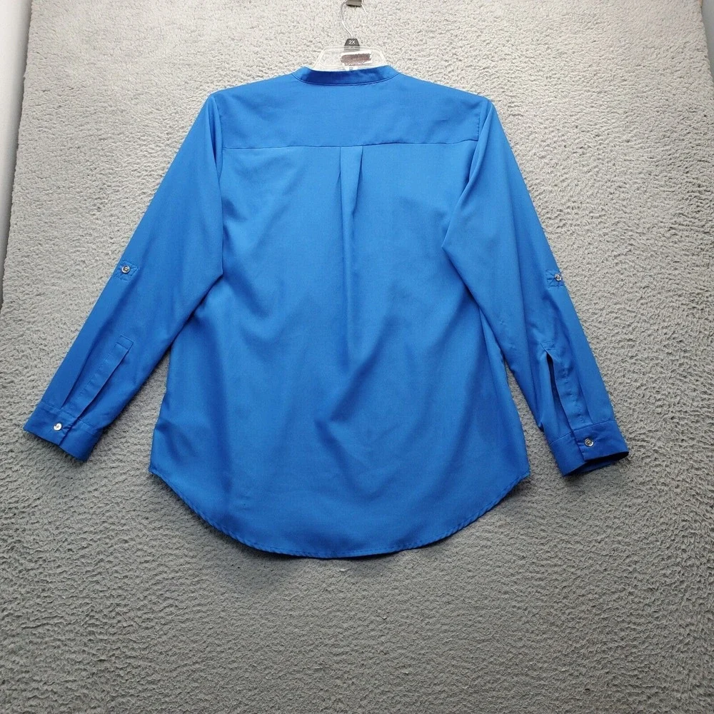 Michael Kors Blouse Top Womens Large Blue Pleated Roll Tab‎ Long Sleeve 1/2 Zip